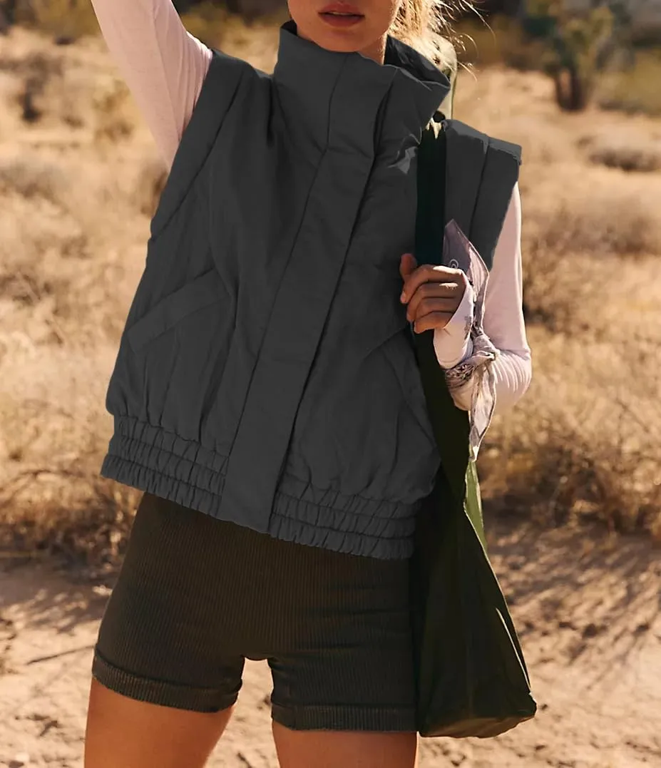 Women's Lightweight Puffer Vest Button Down Crop Qulited Vest Coat Stand Collar Sleeveless Padded Gilet With Pockets