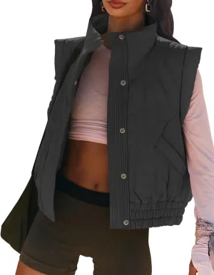 Women's Lightweight Puffer Vest Button Down Crop Qulited Vest Coat Stand Collar Sleeveless Padded Gilet With Pockets