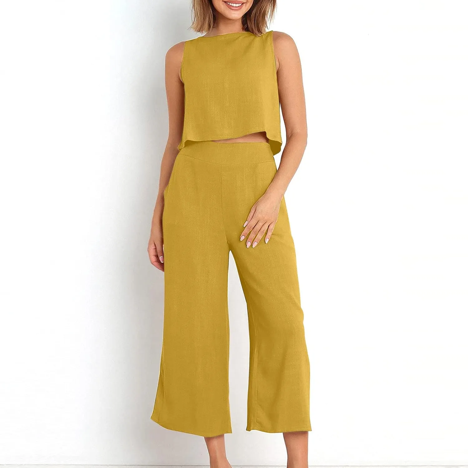 Women's Linen Sets 2 Piece Outfits Summer Sleeveless Tank Tops Wide Leg Capri Pants Linen Lounge Beach Travel Sets