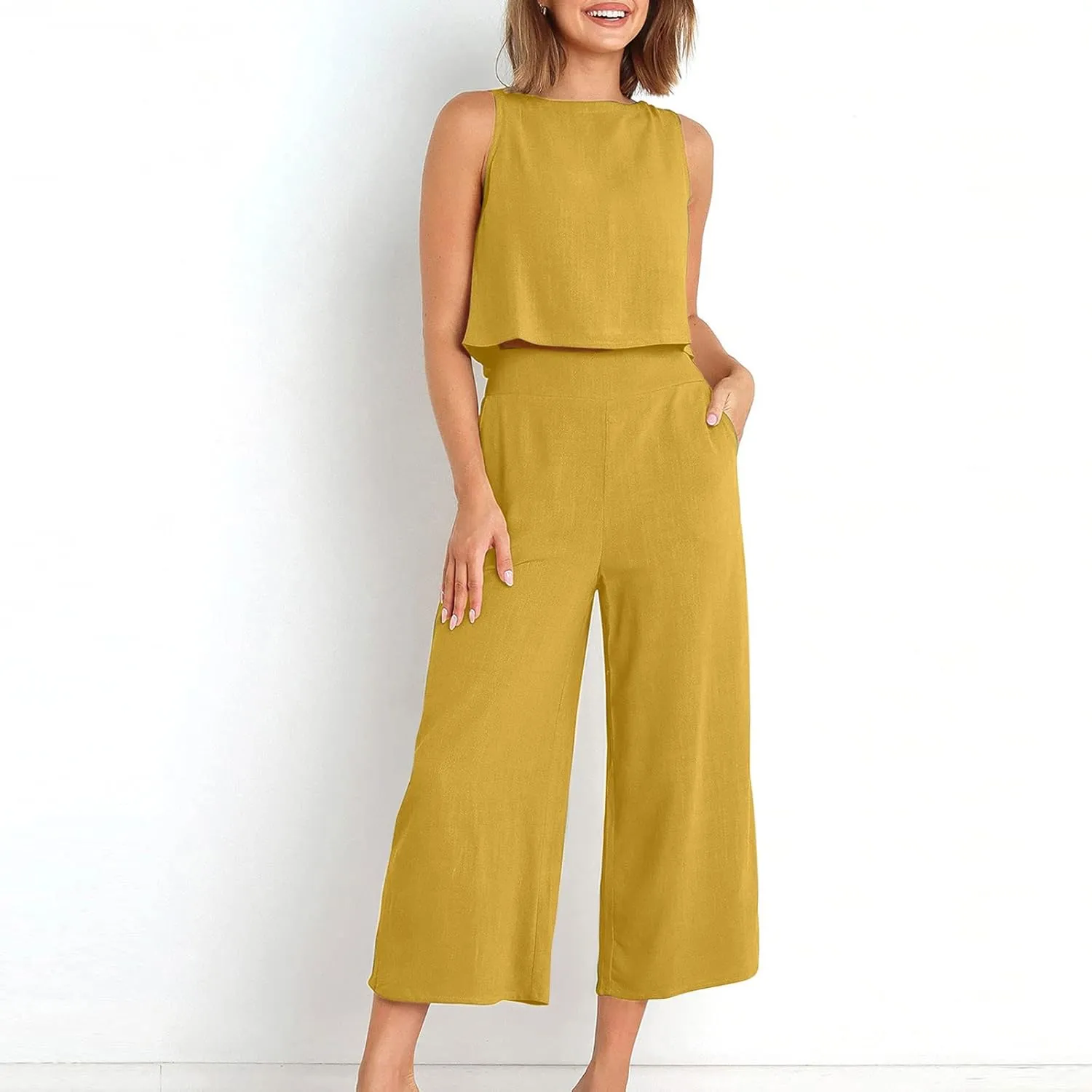 Women's Linen Sets 2 Piece Outfits Summer Sleeveless Tank Tops Wide Leg Capri Pants Linen Lounge Beach Travel Sets