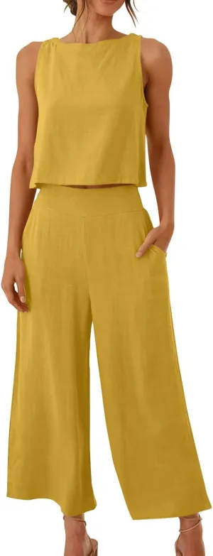 Women's Linen Sets 2 Piece Outfits Summer Sleeveless Tank Tops Wide Leg Capri Pants Linen Lounge Beach Travel Sets