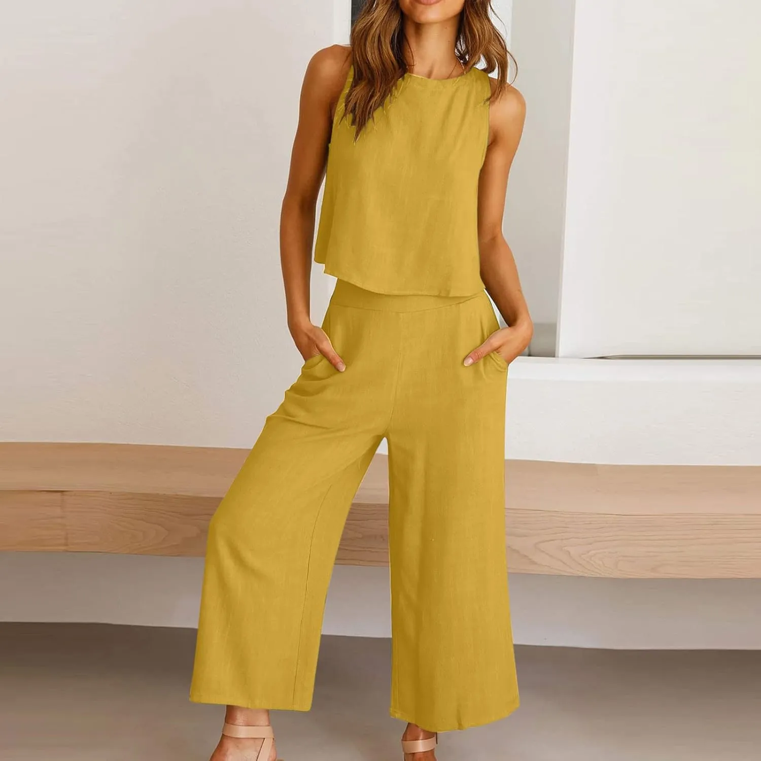 Women's Linen Sets 2 Piece Outfits Summer Sleeveless Tank Tops Wide Leg Capri Pants Linen Lounge Beach Travel Sets