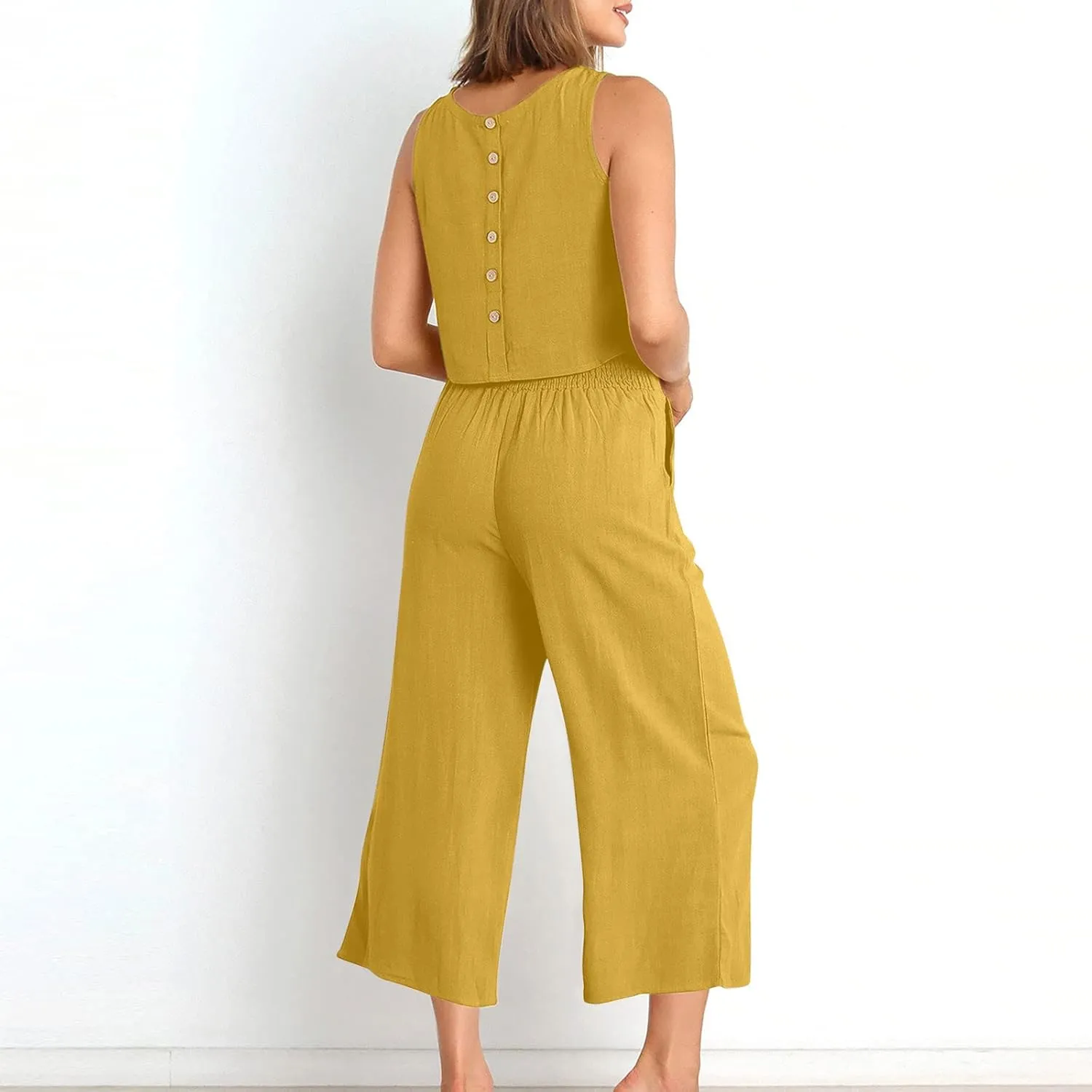 Women's Linen Sets 2 Piece Outfits Summer Sleeveless Tank Tops Wide Leg Capri Pants Linen Lounge Beach Travel Sets