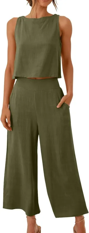 Women's Linen Summer 2 Piece Outfits Sleeveless Crop Top Capri Wide Leg Pants Linen Lounge Beach Travel Sets 2025