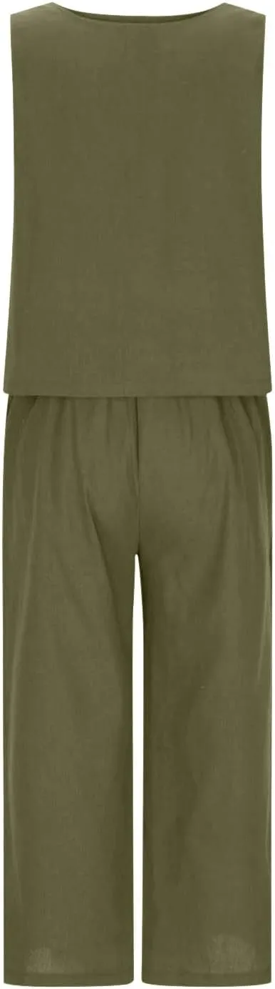 Women's Linen Summer 2 Piece Outfits Sleeveless Crop Top Capri Wide Leg Pants Linen Lounge Beach Travel Sets 2025