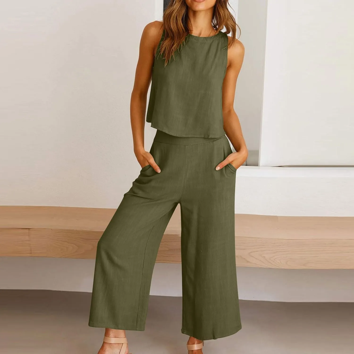 Women's Linen Summer 2 Piece Outfits Sleeveless Crop Top Capri Wide Leg Pants Linen Lounge Beach Travel Sets 2025