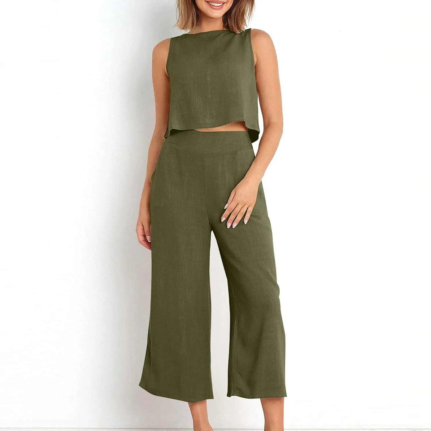 Women's Linen Summer 2 Piece Outfits Sleeveless Crop Top Capri Wide Leg Pants Linen Lounge Beach Travel Sets 2025