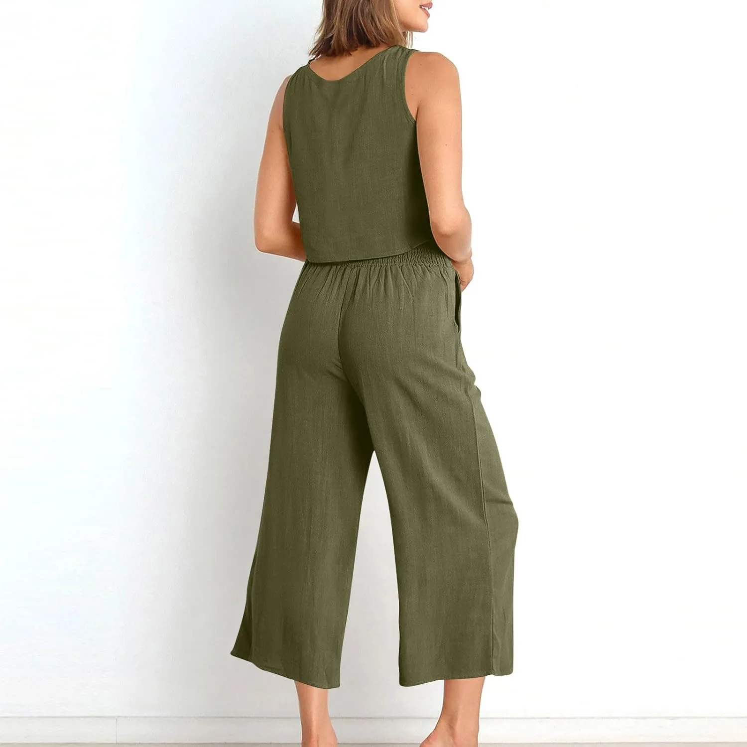 Women's Linen Summer 2 Piece Outfits Sleeveless Crop Top Capri Wide Leg Pants Linen Lounge Beach Travel Sets 2025