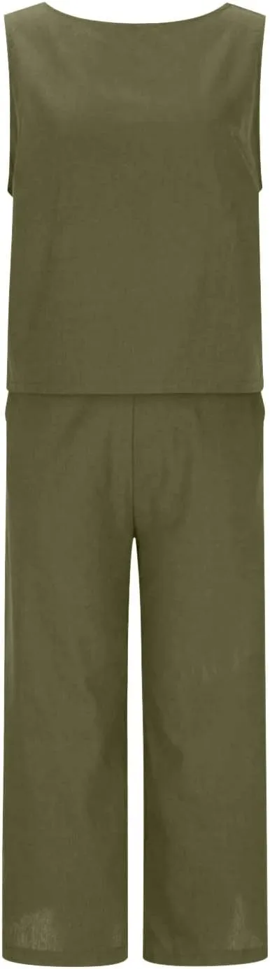 Women's Linen Summer 2 Piece Outfits Sleeveless Crop Top Capri Wide Leg Pants Linen Lounge Beach Travel Sets 2025
