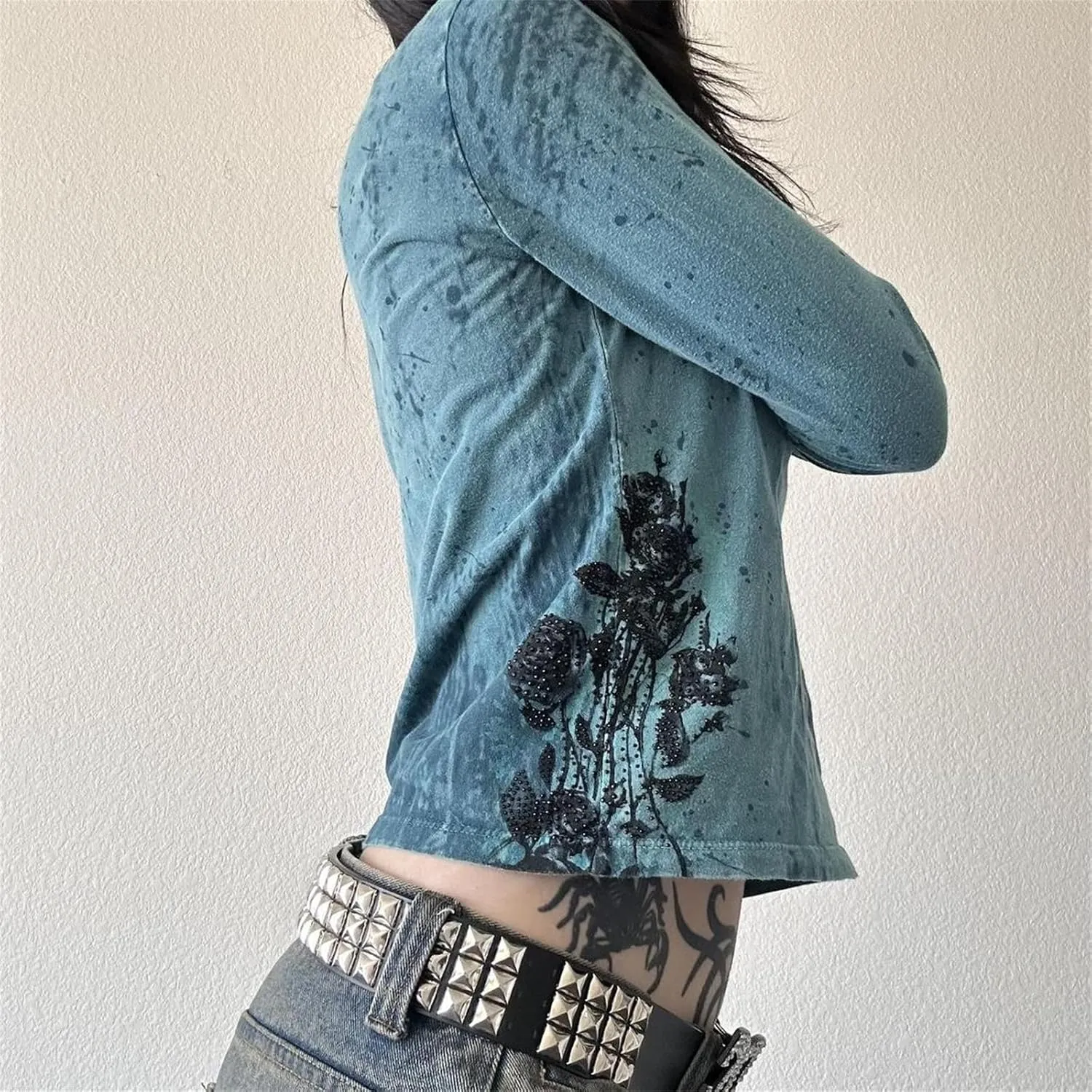 Womens Long Sleeve Fairy Grunge Tees Shirt Vintage Goth Skull Graphic Print Tops 90s Emo Aesthetic Clothes
