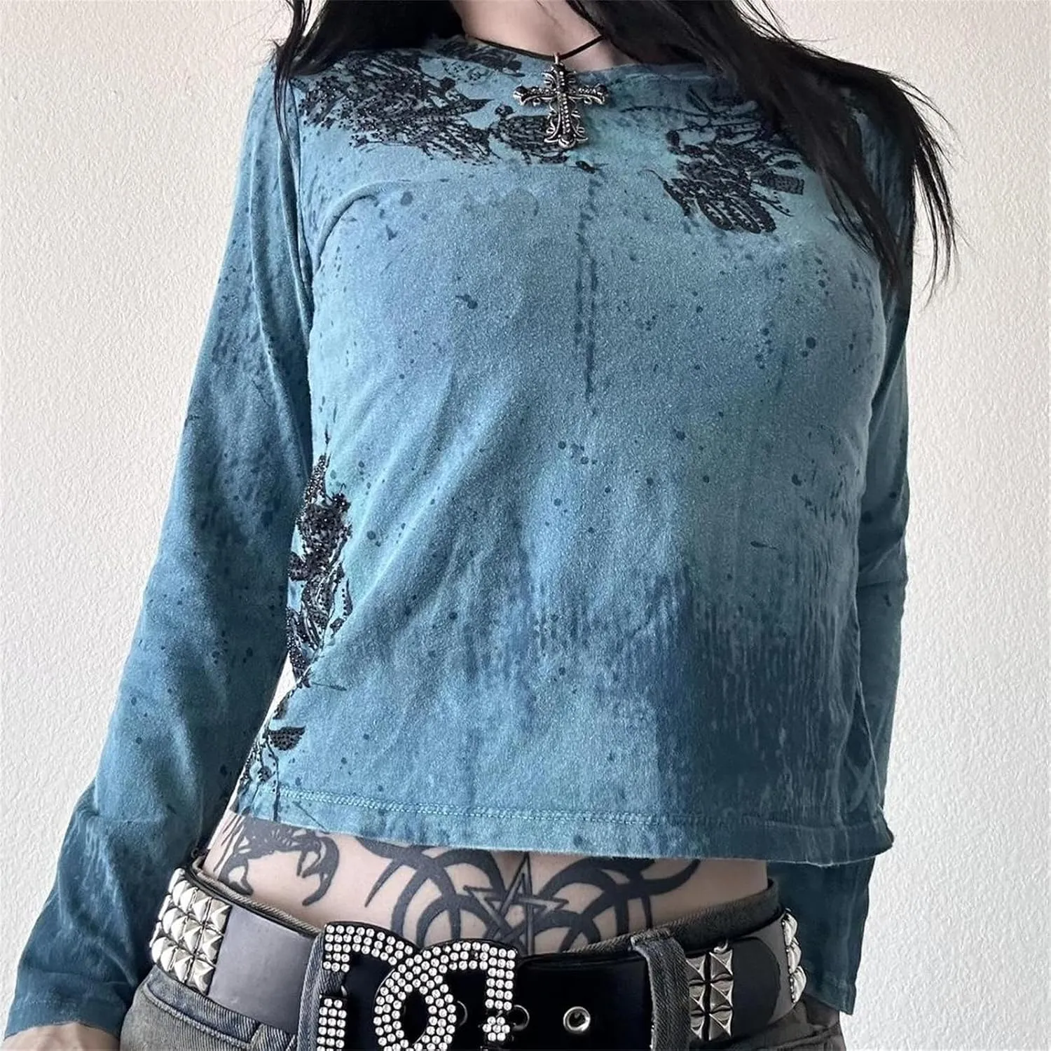 Womens Long Sleeve Fairy Grunge Tees Shirt Vintage Goth Skull Graphic Print Tops 90s Emo Aesthetic Clothes