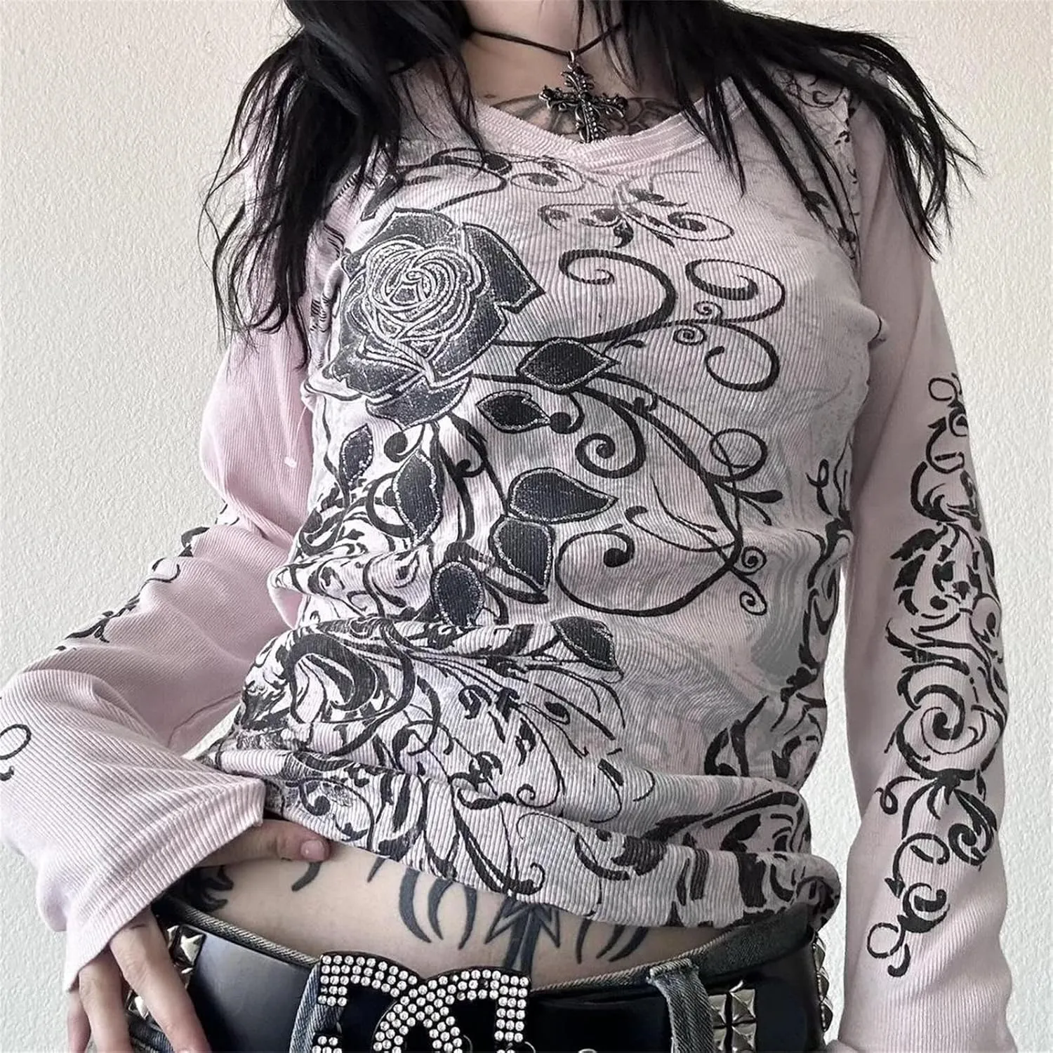 Womens Long Sleeve Fairy Grunge Tees Shirt Vintage Goth Skull Graphic Print Tops 90s Emo Aesthetic Clothes