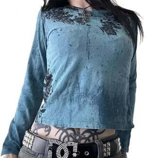 Womens Long Sleeve Fairy Grunge Tees Shirt Vintage Goth Skull Graphic Print Tops 90s Emo Aesthetic Clothes