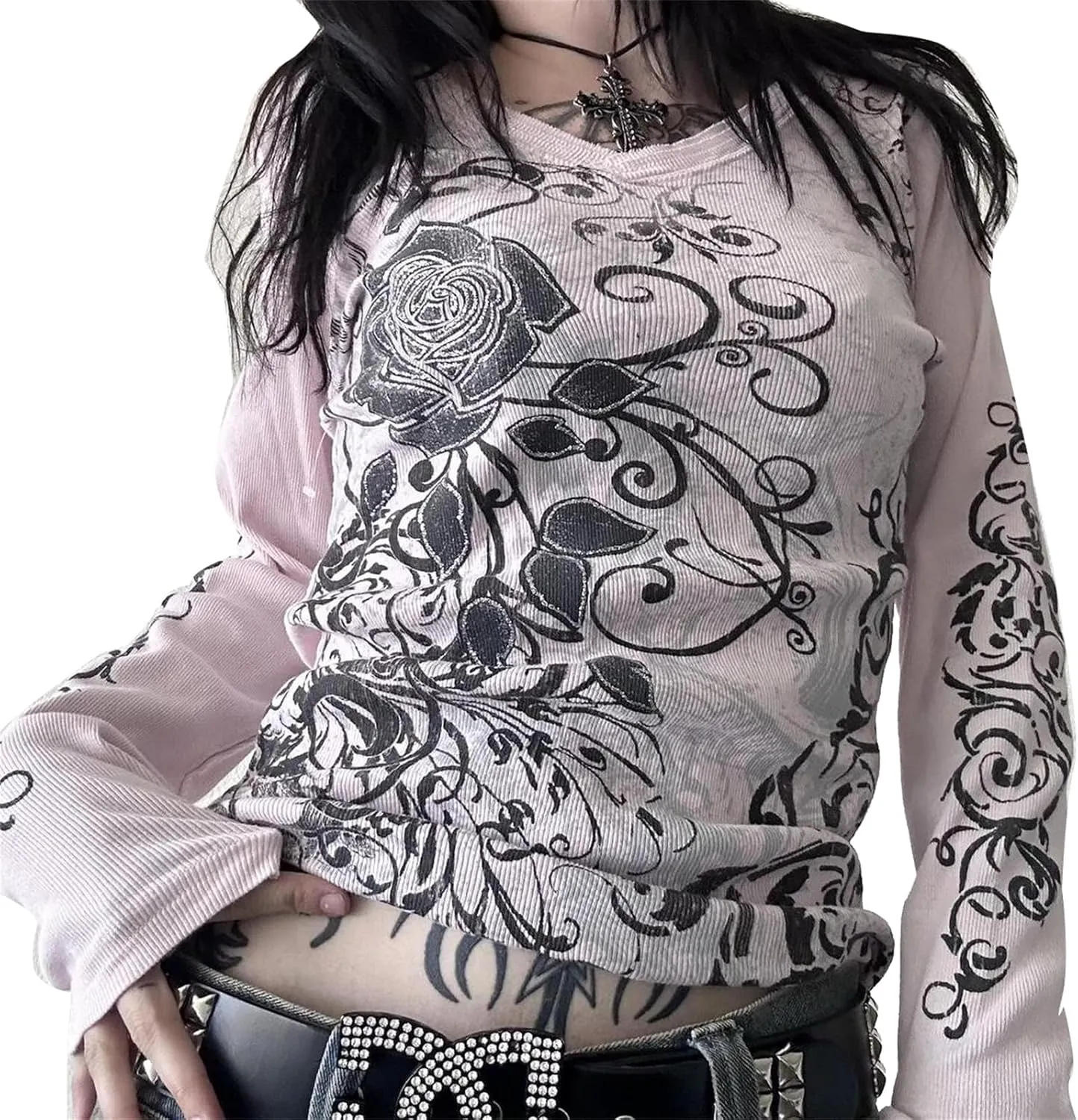 Womens Long Sleeve Fairy Grunge Tees Shirt Vintage Goth Skull Graphic Print Tops 90s Emo Aesthetic Clothes
