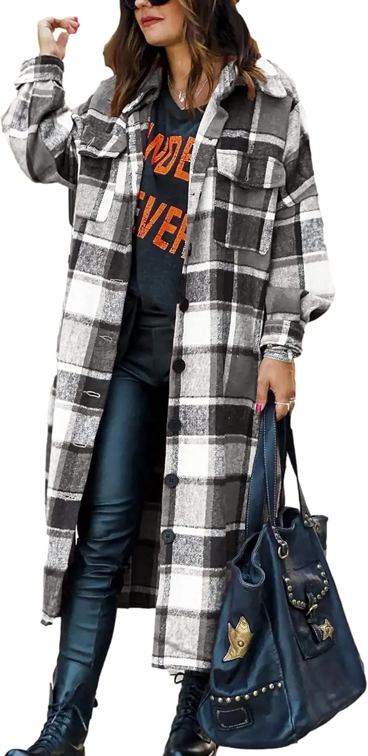 Womens Long Sleeve Long Plaid Coats Flannel Lapel Casual Button Down Wool Blend Shacket Jacket Trench Shirts