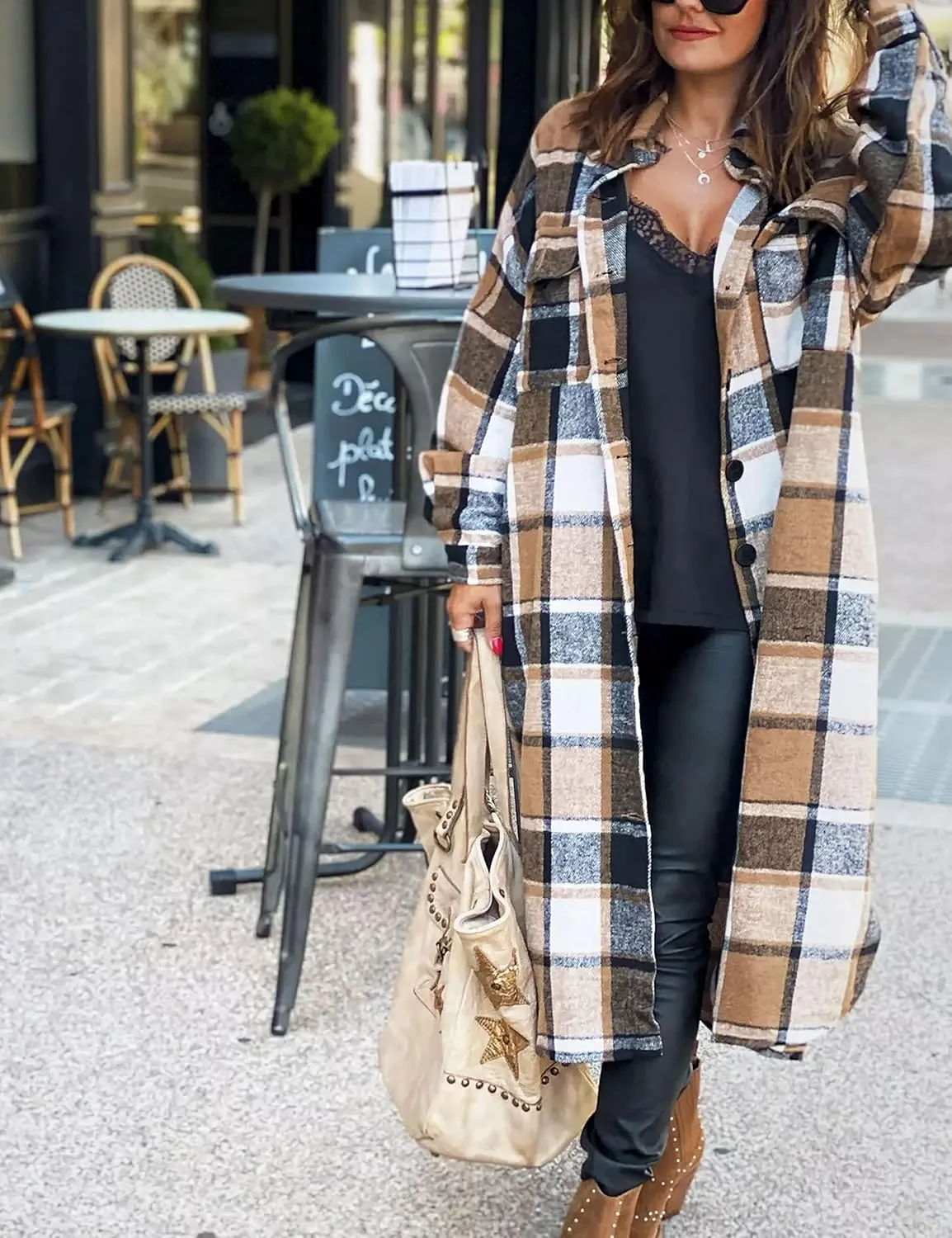 Womens Long Sleeve Long Plaid Coats Flannel Lapel Casual Button Down Wool Blend Shacket Jacket Trench Shirts