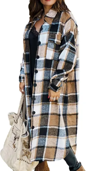 Womens Long Sleeve Long Plaid Coats Flannel Lapel Casual Button Down Wool Blend Shacket Jacket Trench Shirts
