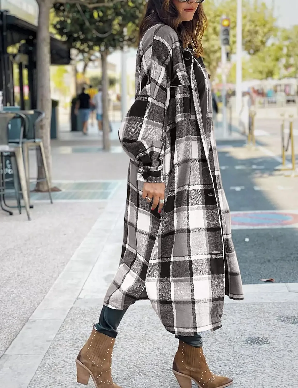Womens Long Sleeve Long Plaid Coats Flannel Lapel Casual Button Down Wool Blend Shacket Jacket Trench Shirts
