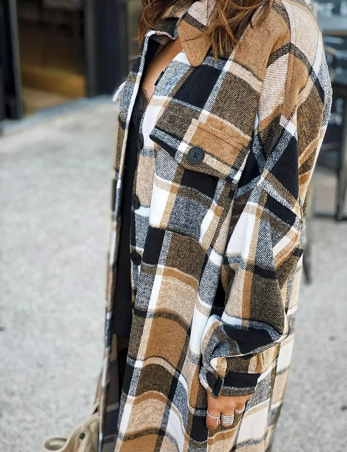 Womens Long Sleeve Long Plaid Coats Flannel Lapel Casual Button Down Wool Blend Shacket Jacket Trench Shirts