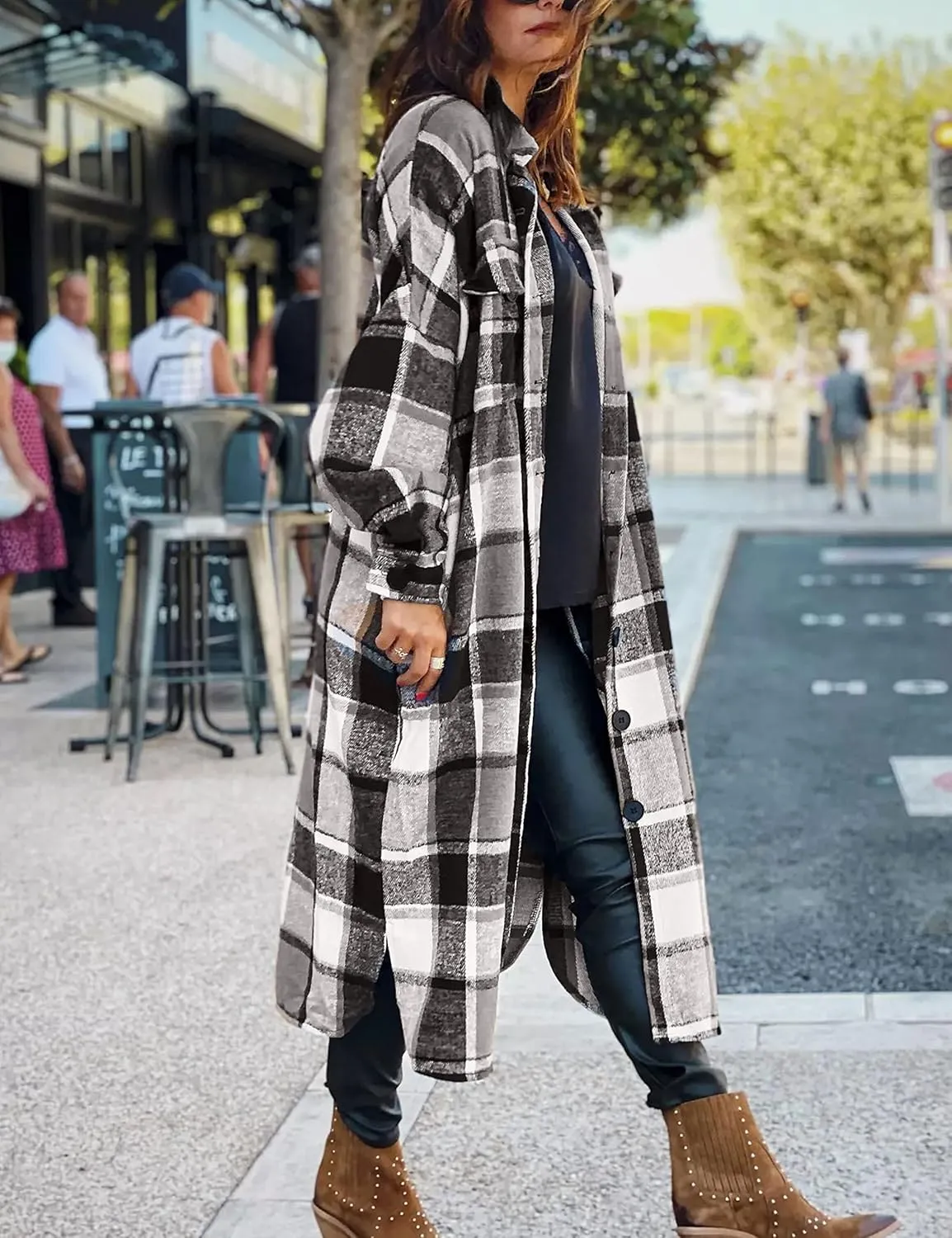 Womens Long Sleeve Long Plaid Coats Flannel Lapel Casual Button Down Wool Blend Shacket Jacket Trench Shirts