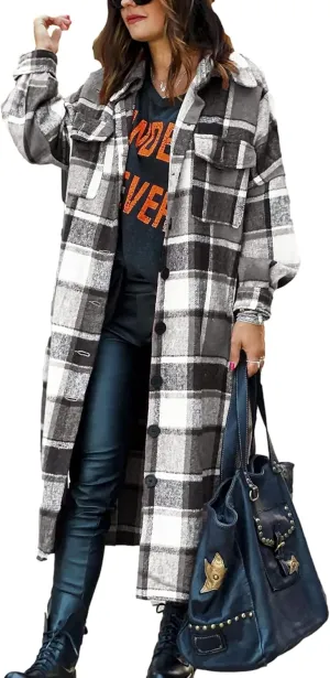 Womens Long Sleeve Long Plaid Coats Flannel Lapel Casual Button Down Wool Blend Shacket Jacket Trench Shirts