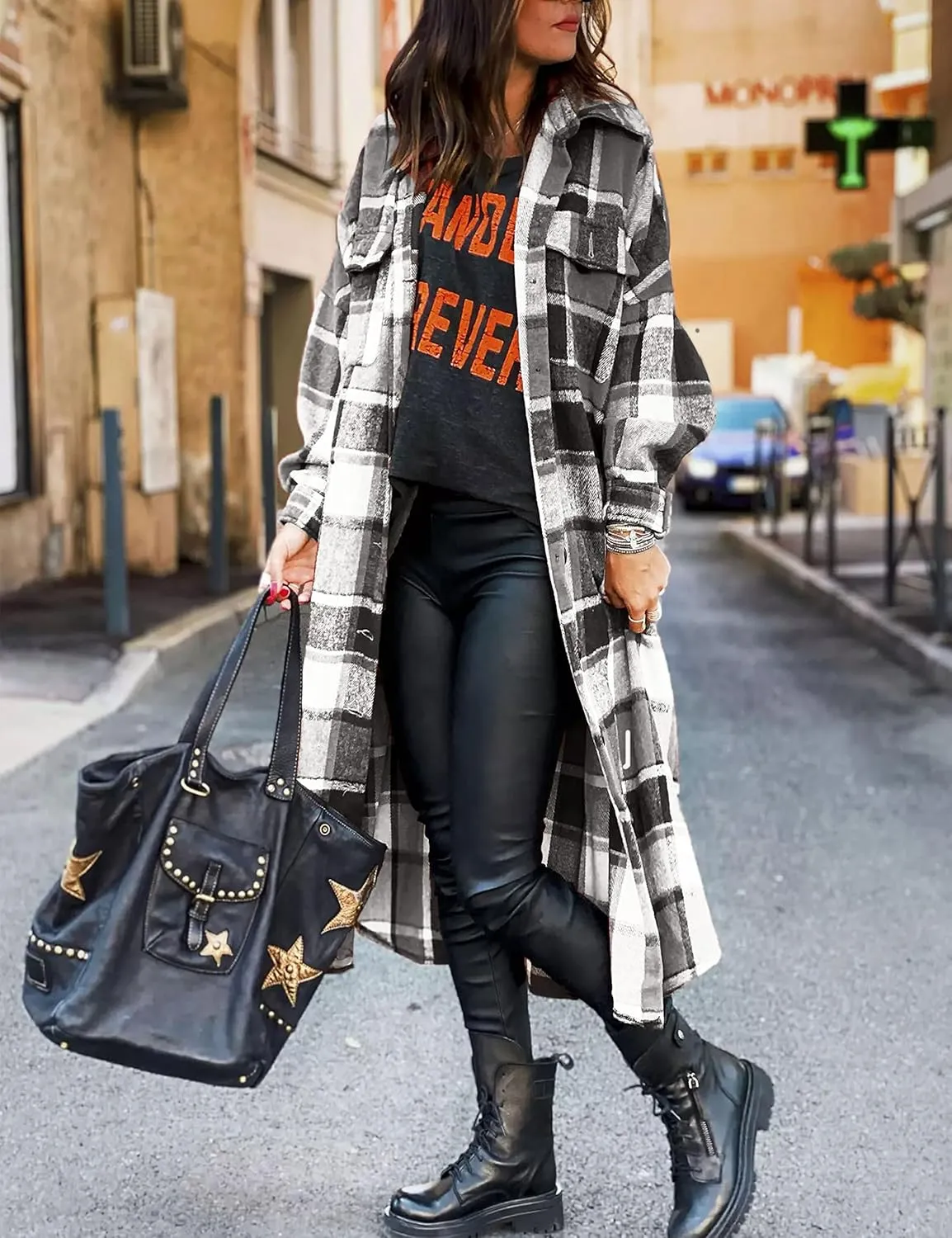 Womens Long Sleeve Long Plaid Coats Flannel Lapel Casual Button Down Wool Blend Shacket Jacket Trench Shirts