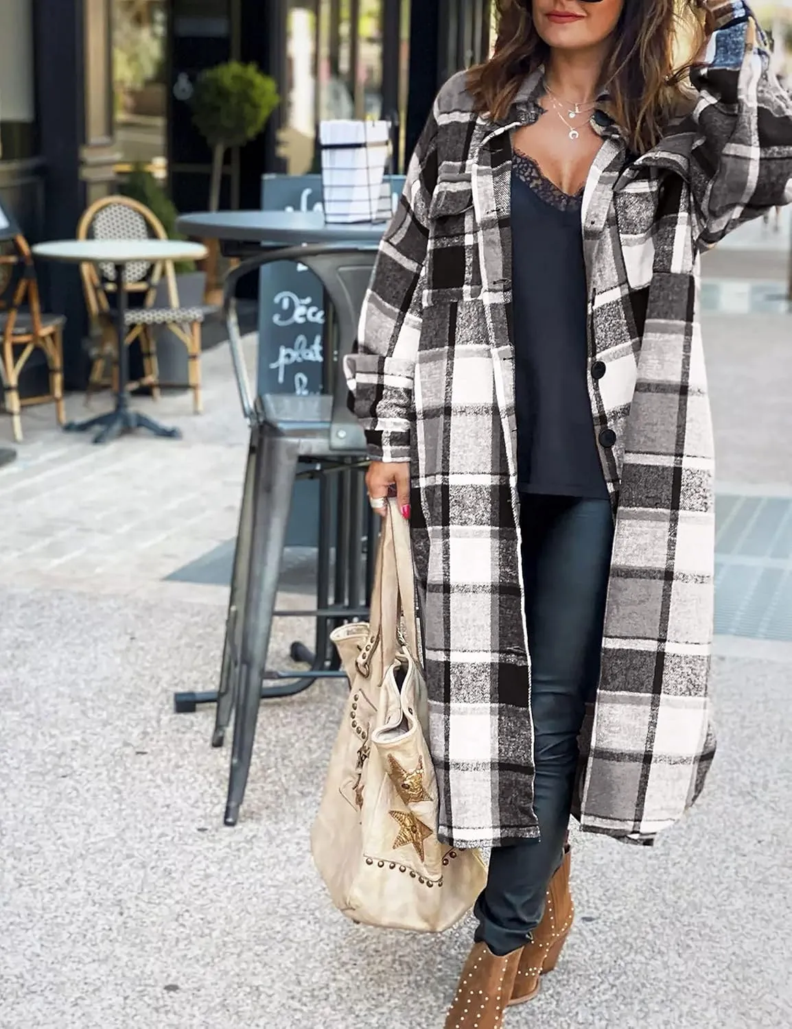 Womens Long Sleeve Long Plaid Coats Flannel Lapel Casual Button Down Wool Blend Shacket Jacket Trench Shirts