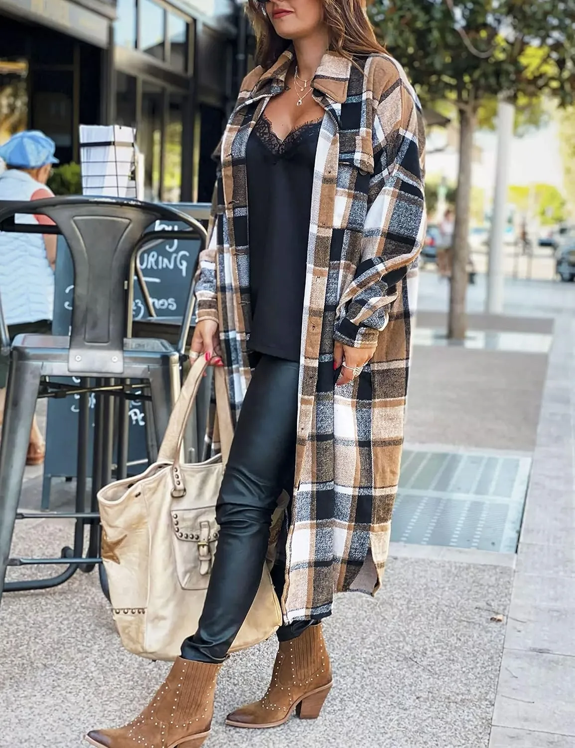 Womens Long Sleeve Long Plaid Coats Flannel Lapel Casual Button Down Wool Blend Shacket Jacket Trench Shirts