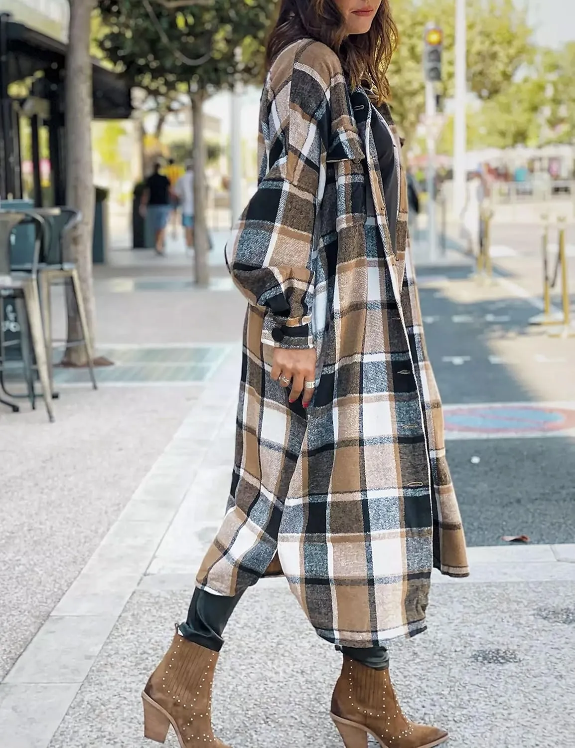 Womens Long Sleeve Long Plaid Coats Flannel Lapel Casual Button Down Wool Blend Shacket Jacket Trench Shirts