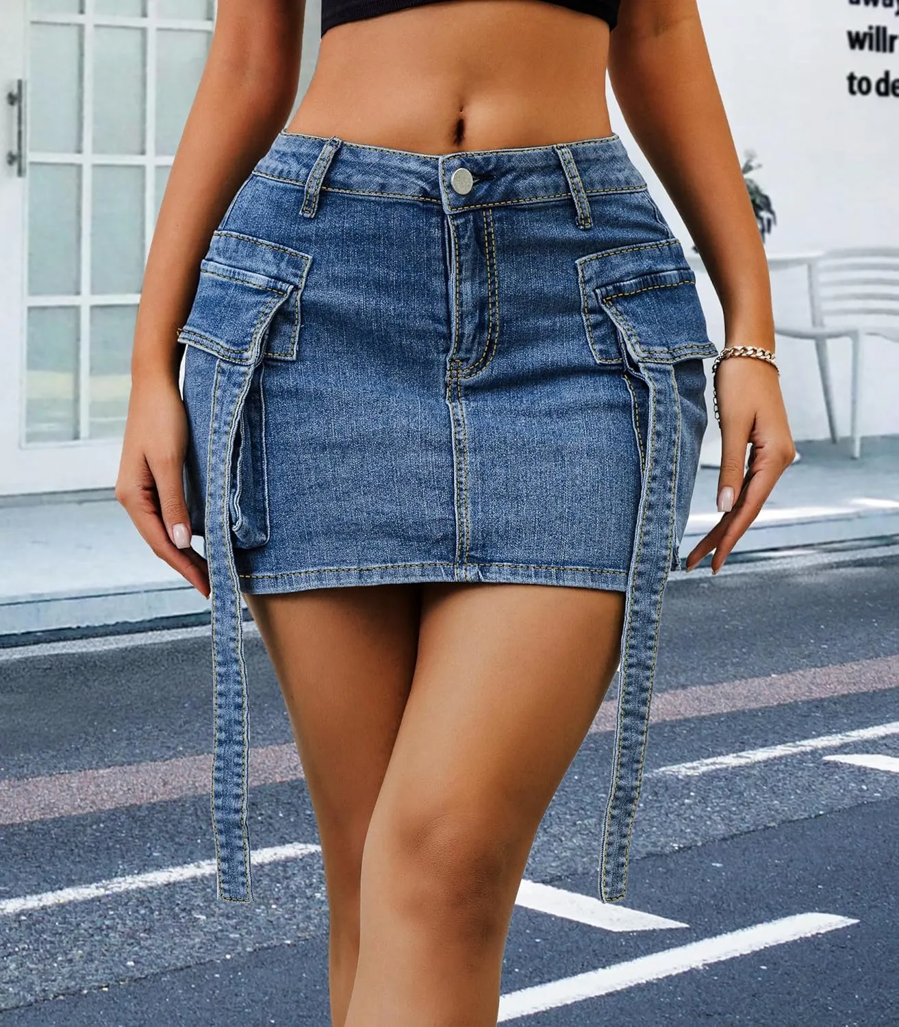 Womens Low Waist Denim Skirt Button Mini Cargo Jean Y2K Skirts with Pockets
