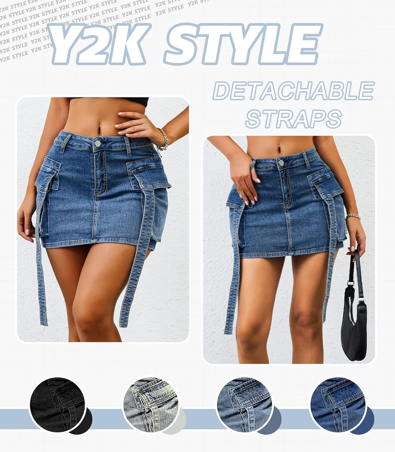 Womens Low Waist Denim Skirt Button Mini Cargo Jean Y2K Skirts with Pockets