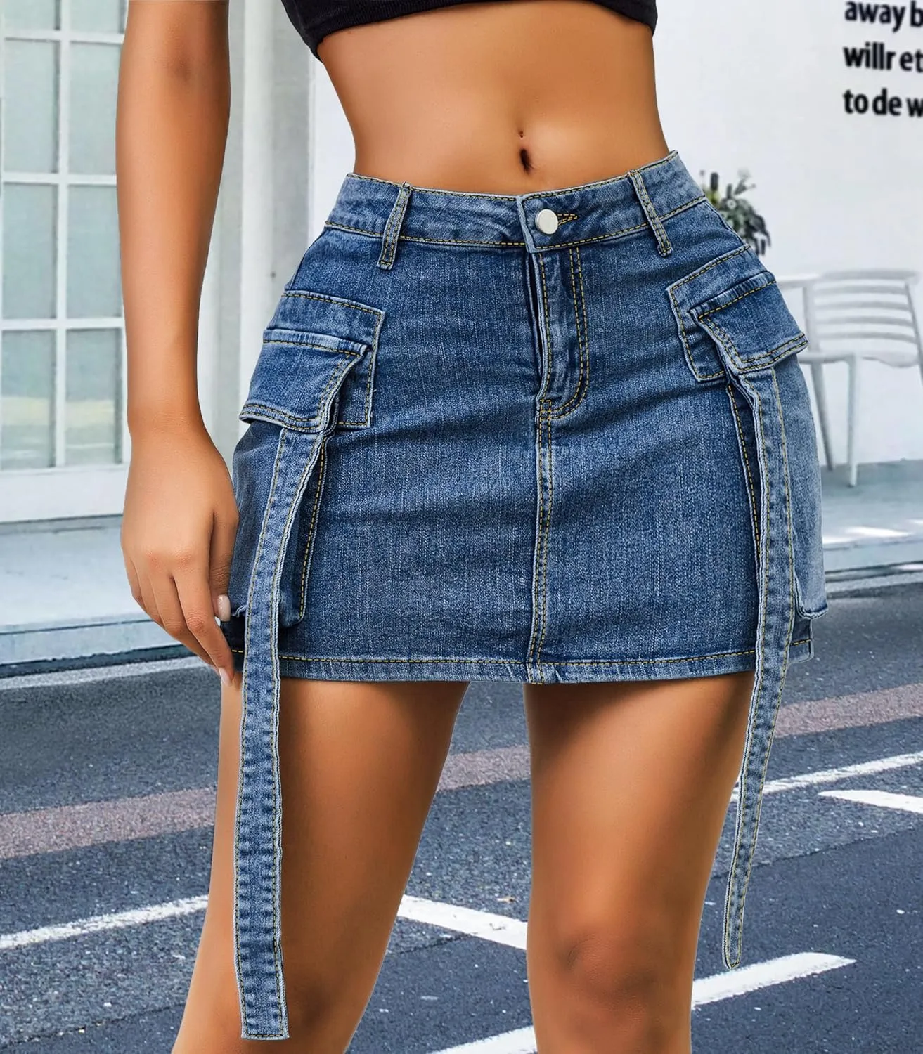 Womens Low Waist Denim Skirt Button Mini Cargo Jean Y2K Skirts with Pockets