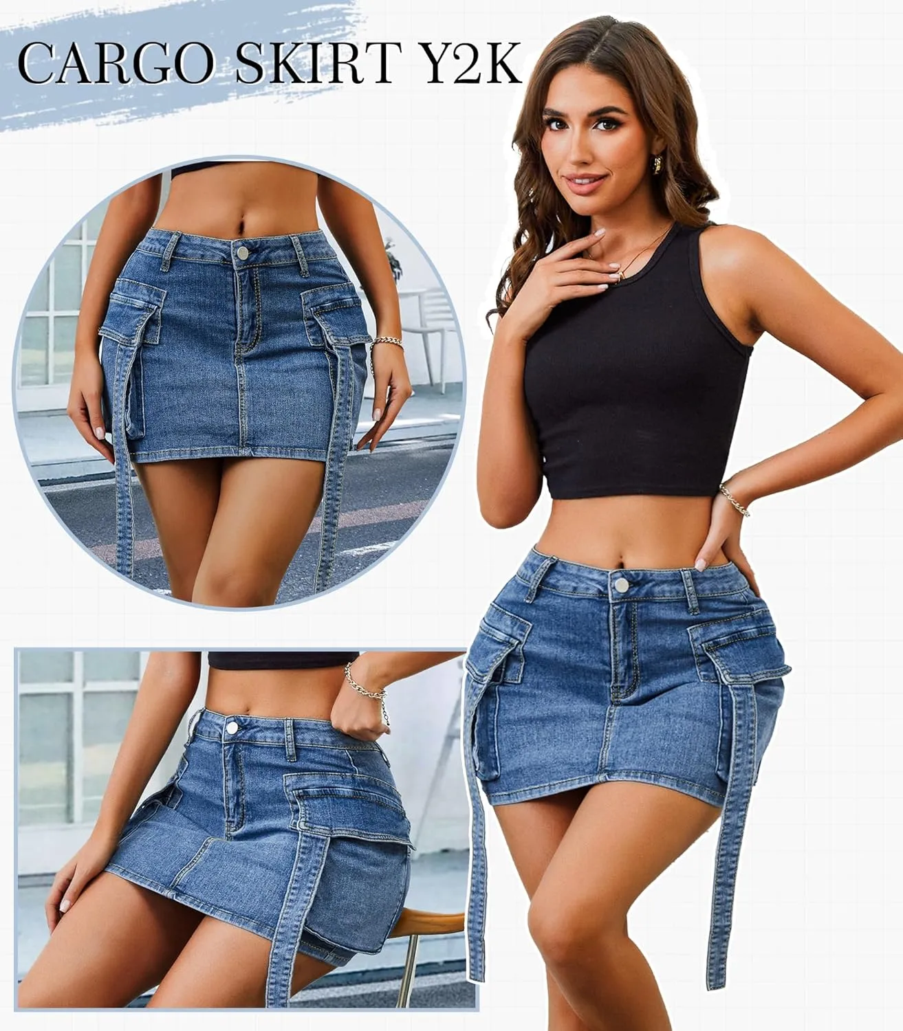 Womens Low Waist Denim Skirt Button Mini Cargo Jean Y2K Skirts with Pockets