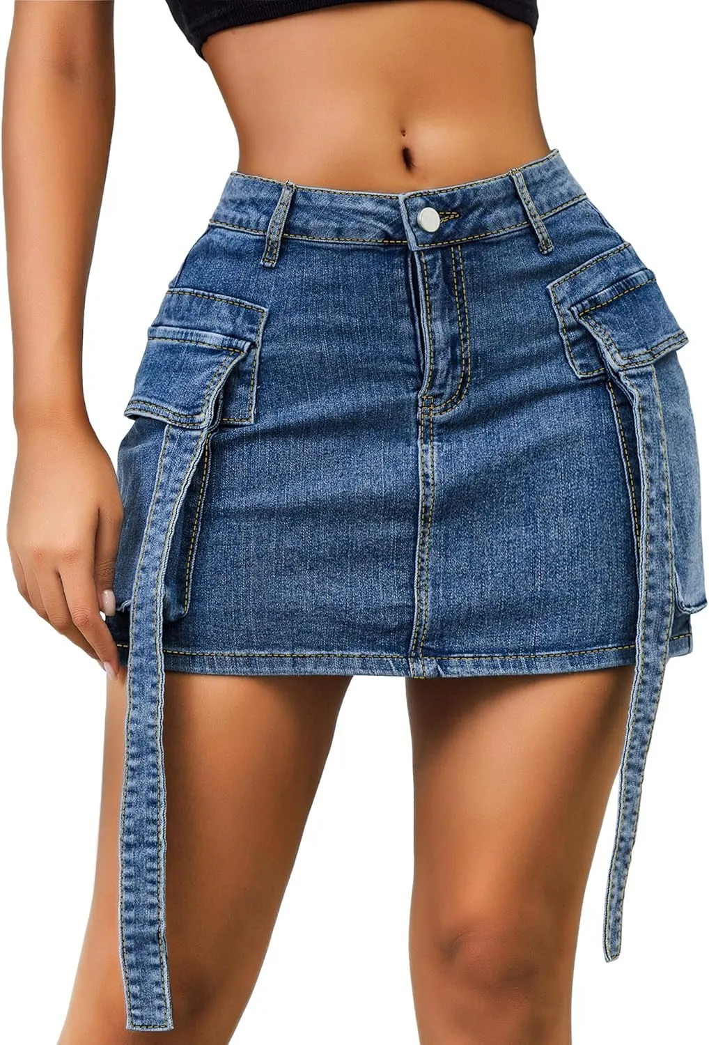 Womens Low Waist Denim Skirt Button Mini Cargo Jean Y2K Skirts with Pockets