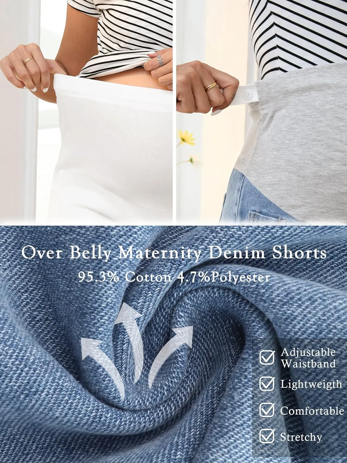 Women's Maternity Denim Over Belly High Waist Summer Casual Workout with Pockets Jeans Pregnancy Shorts