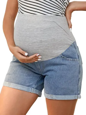 Women's Maternity Denim Over Belly High Waist Summer Casual Workout with Pockets Jeans Pregnancy Shorts