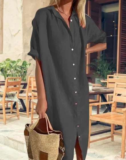 Womens Maxi Dress Button Down Rolled-Up Sleeve Cotton Linen Casual Dress Summer Vacation Beach Sundress