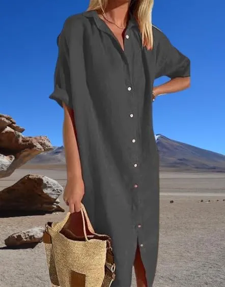 Womens Maxi Dress Button Down Rolled-Up Sleeve Cotton Linen Casual Dress Summer Vacation Beach Sundress