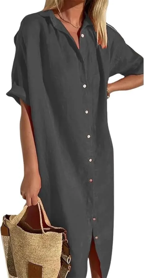 Womens Maxi Dress Button Down Rolled-Up Sleeve Cotton Linen Casual Dress Summer Vacation Beach Sundress