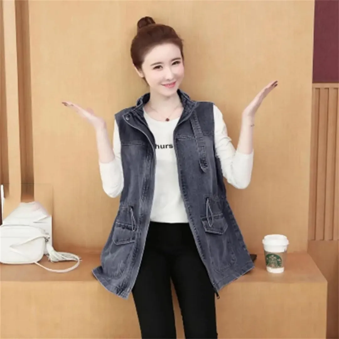 Women's Mid Length Denim Loose Lower Back Jeans Korean Version Denim Coat Vest