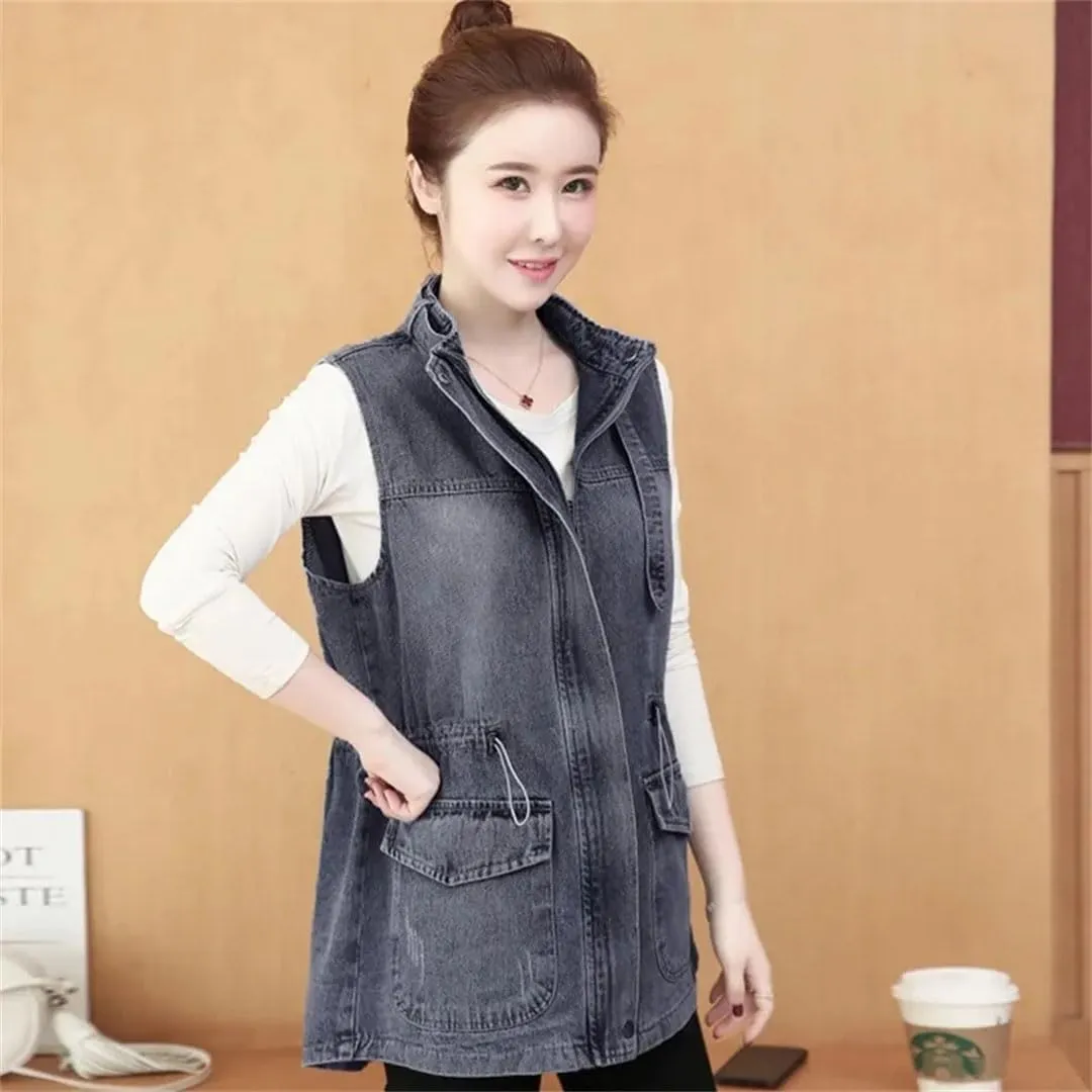 Women's Mid Length Denim Loose Lower Back Jeans Korean Version Denim Coat Vest