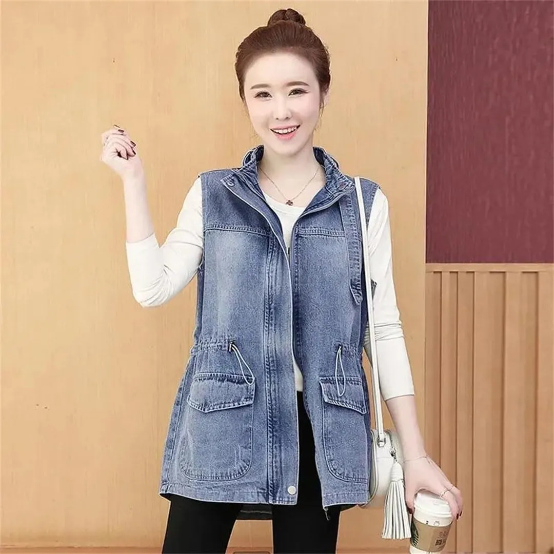 Women's Mid Length Denim Loose Lower Back Jeans Korean Version Denim Coat Vest