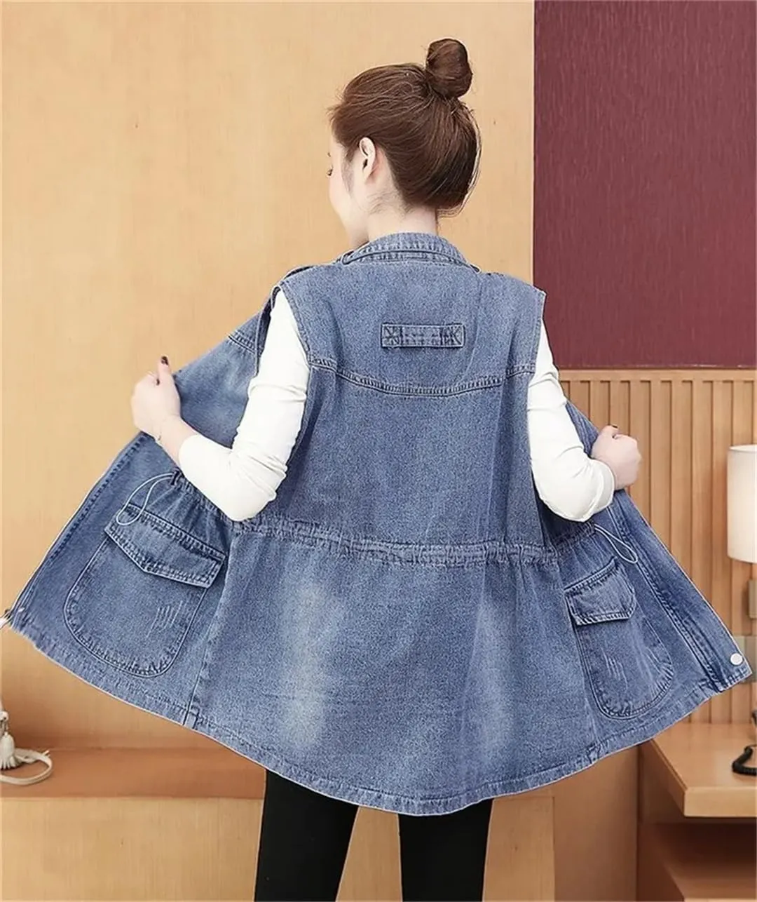 Women's Mid Length Denim Loose Lower Back Jeans Korean Version Denim Coat Vest