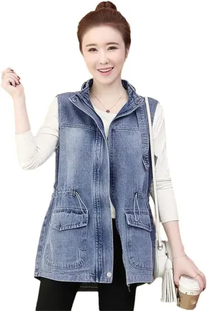 Women's Mid Length Denim Loose Lower Back Jeans Korean Version Denim Coat Vest