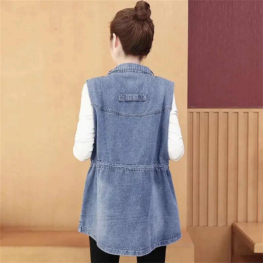 Women's Mid Length Denim Loose Lower Back Jeans Korean Version Denim Coat Vest