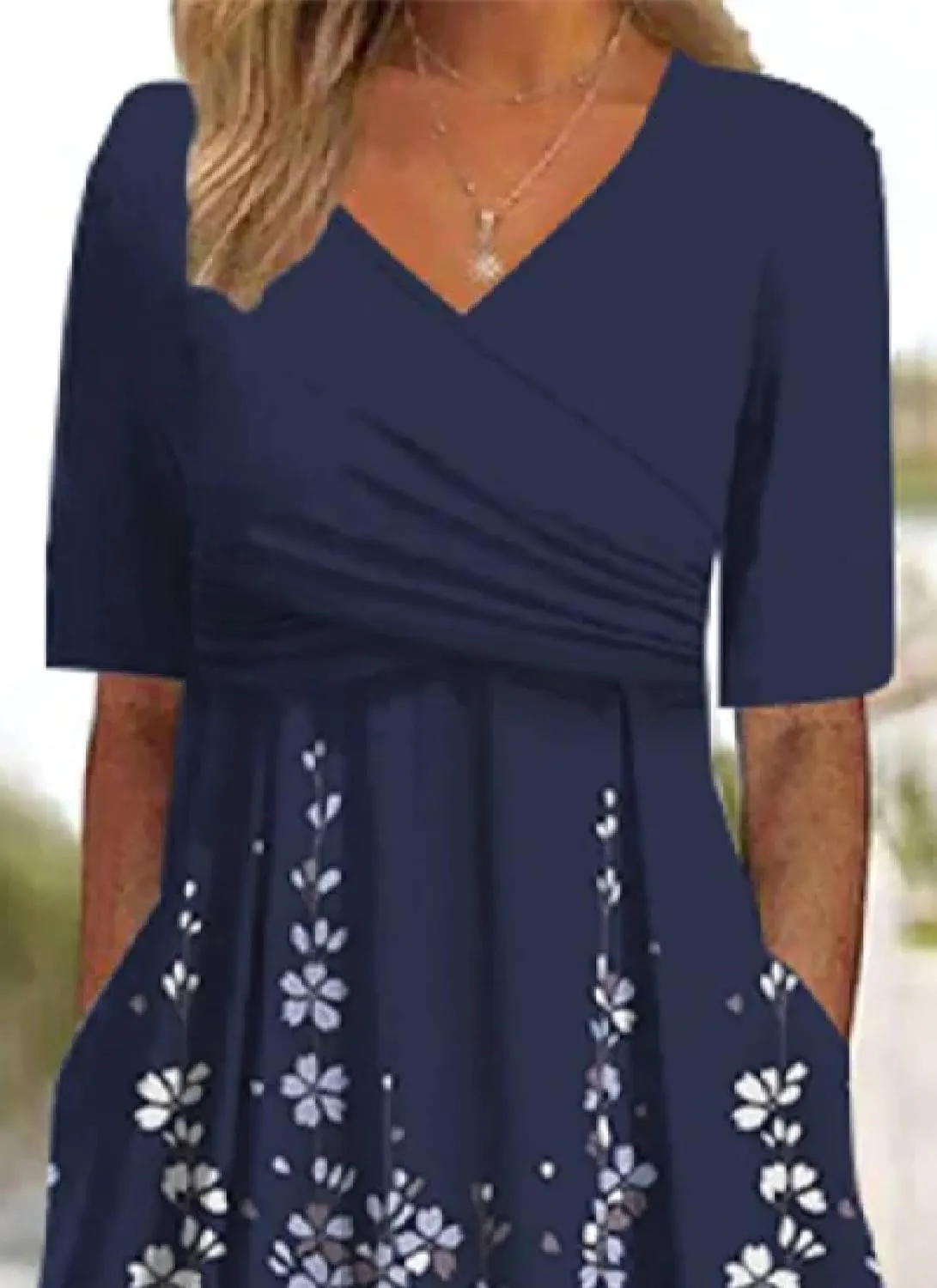 Women's Mint Green V-Neck Short Sleeve Plant Print Midi Dress with Side Pockets Elegant Casual Wear 2025 Summer Fashion