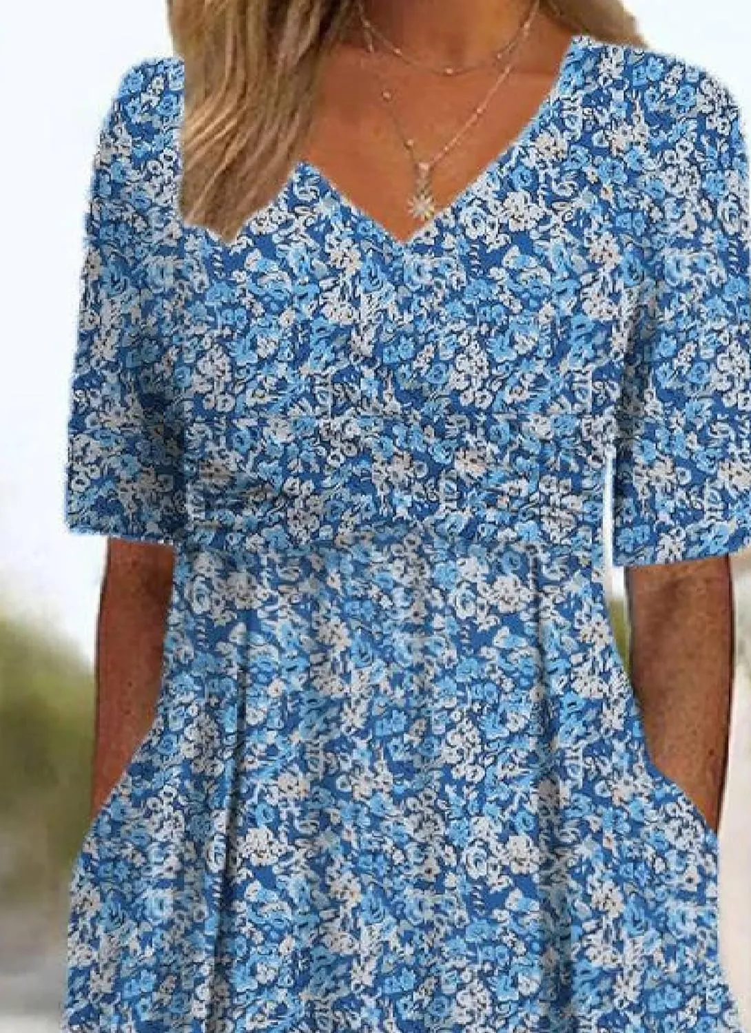 Women's Mint Green V-Neck Short Sleeve Plant Print Midi Dress with Side Pockets Elegant Casual Wear 2025 Summer Fashion