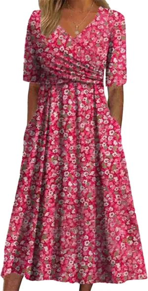 Women's Mint Green V-Neck Short Sleeve Plant Print Midi Dress with Side Pockets Elegant Casual Wear 2025 Summer Fashion