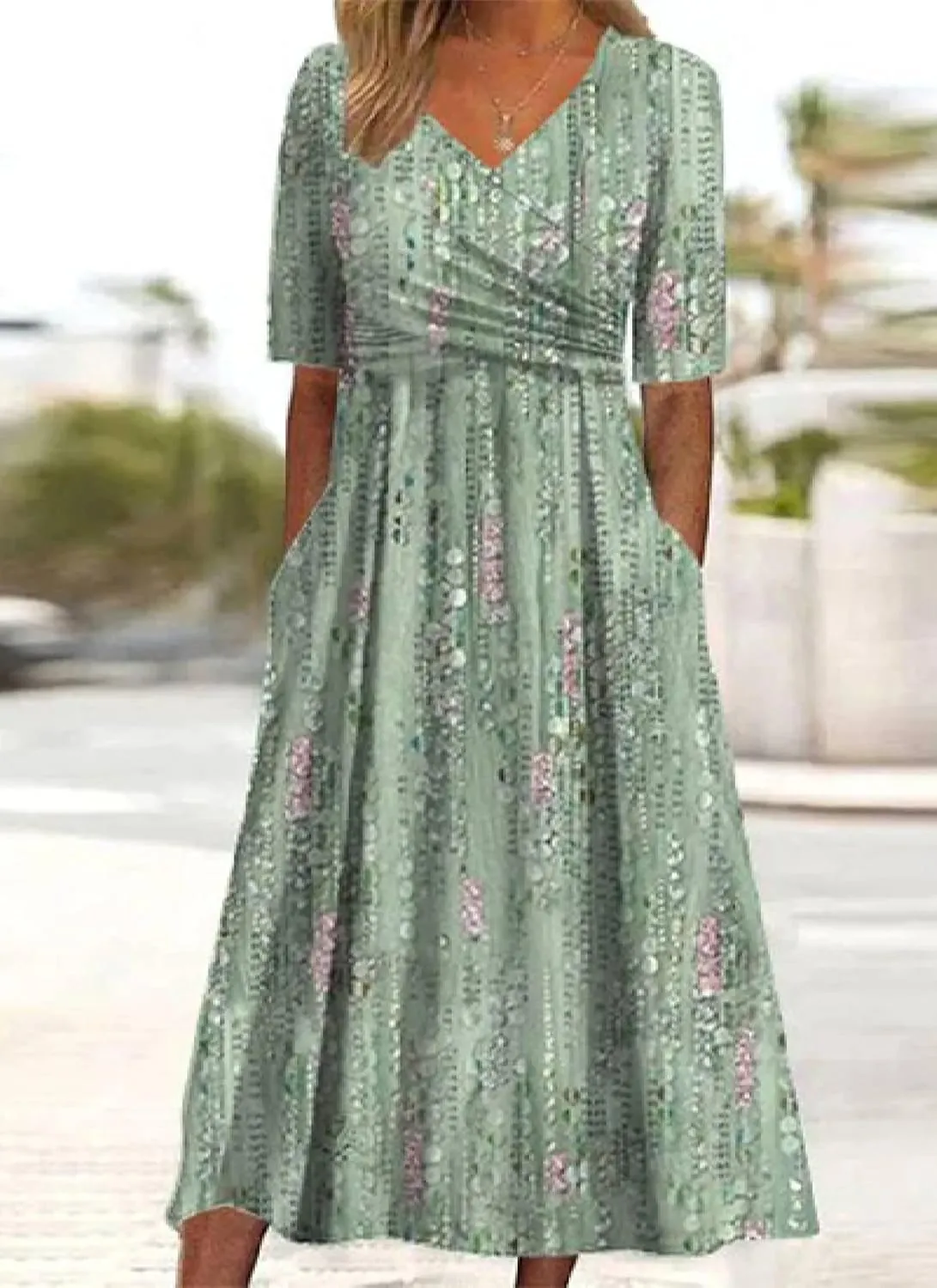 Women's Mint Green V-Neck Short Sleeve Plant Print Midi Dress with Side Pockets Elegant Casual Wear 2025 Summer Fashion