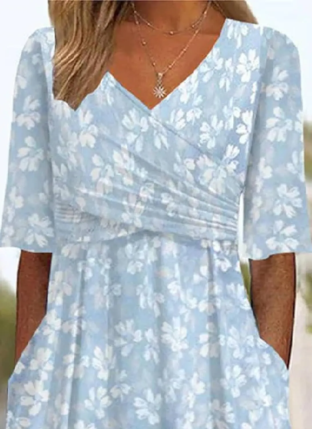 Women's Mint Green V-Neck Short Sleeve Plant Print Midi Dress with Side Pockets Elegant Casual Wear 2025 Summer Fashion